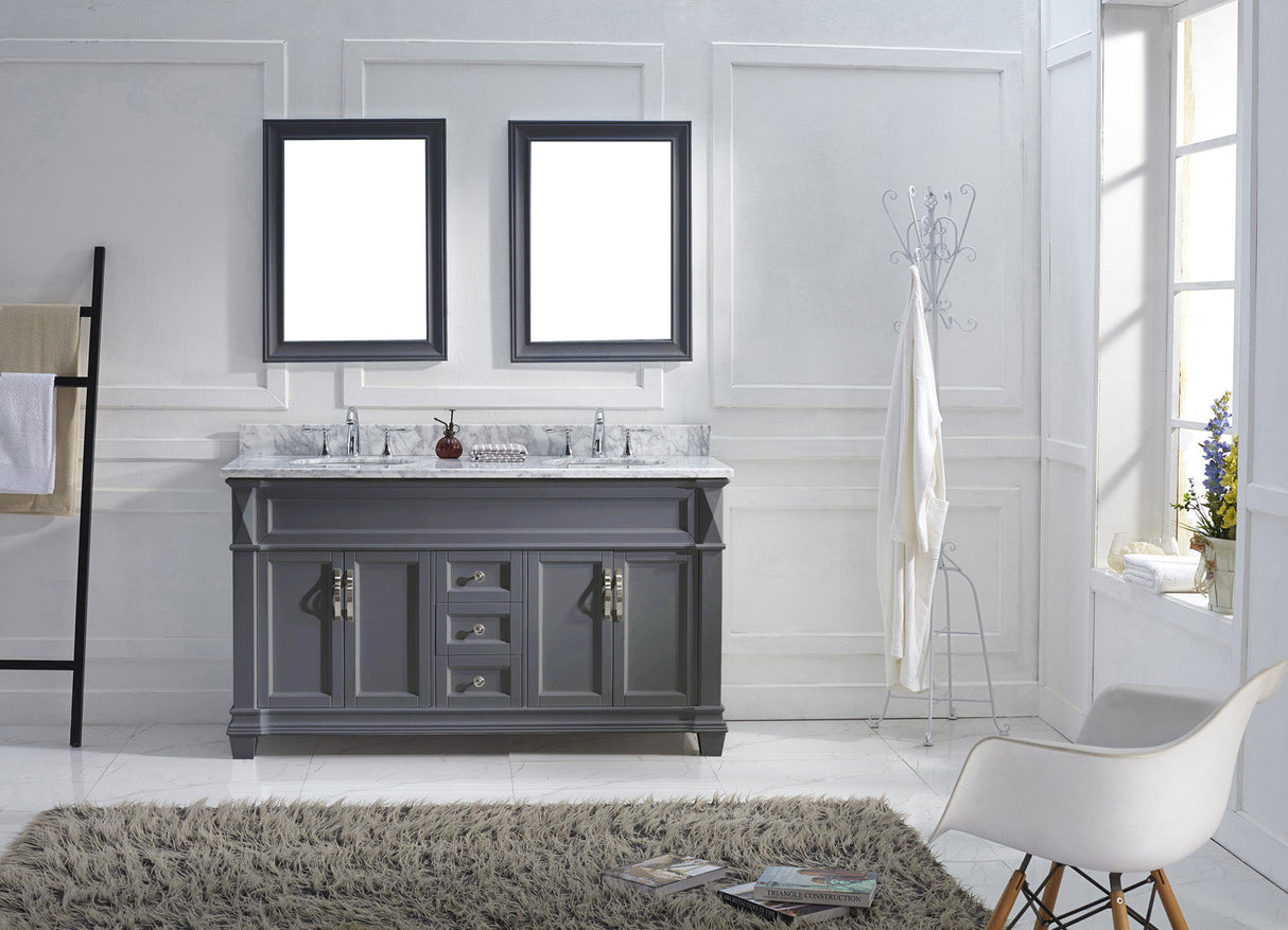 Virtu USA Victoria 60" Double Bath Vanity with White Marble Top and Round Sinks with Matching Mirror