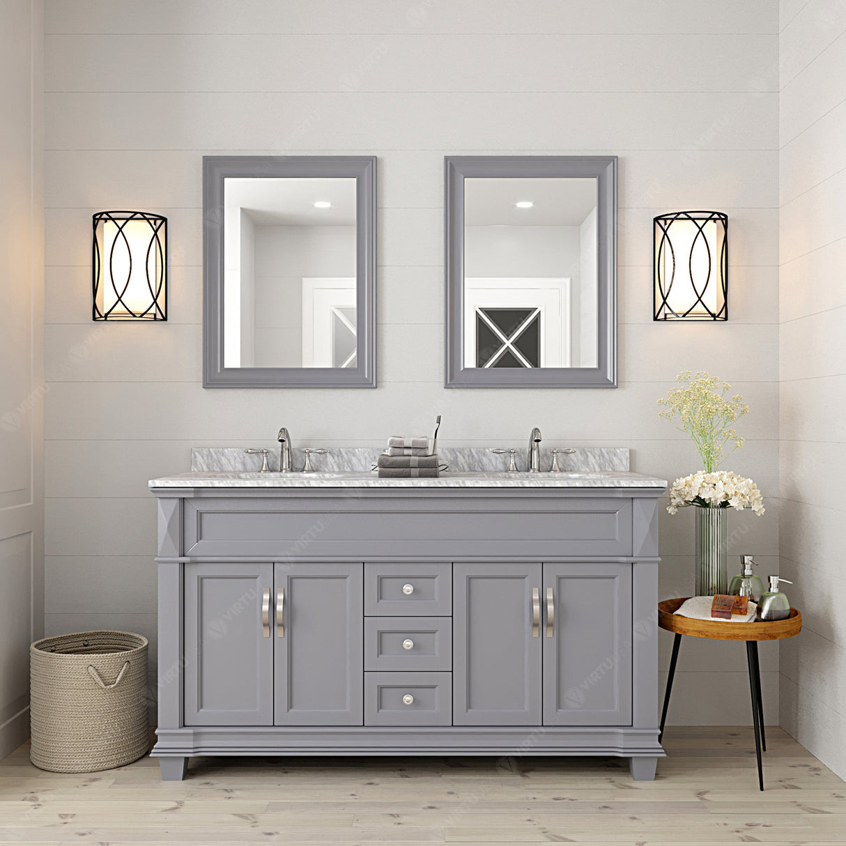 Virtu USA Victoria 60" Double Bath Vanity with White Marble Top and Square Sinks with Brushed Nickel Faucets with Matching Mirror