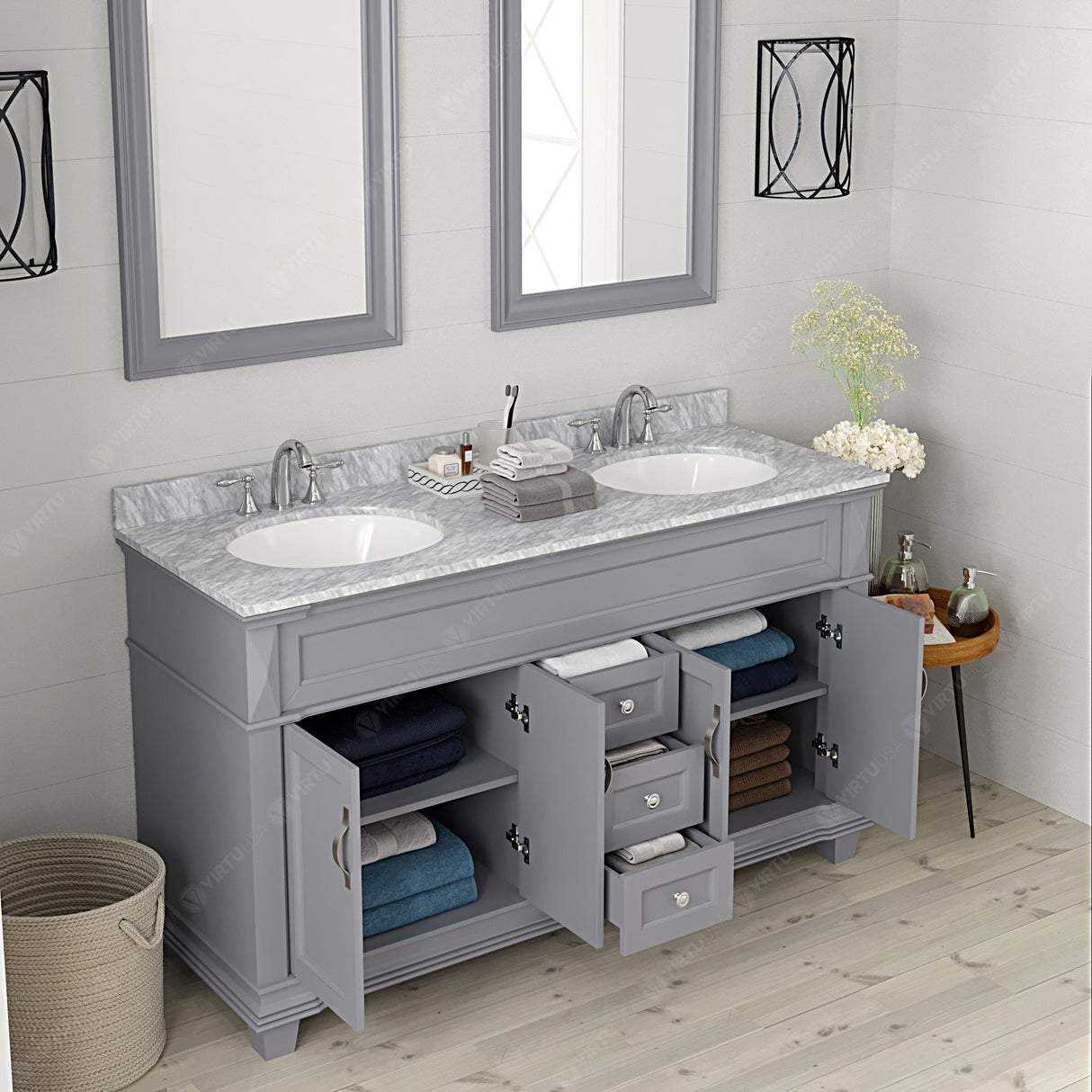 Virtu USA Victoria 60" Double Bath Vanity with White Marble Top and Square Sinks with Brushed Nickel Faucets with Matching Mirror