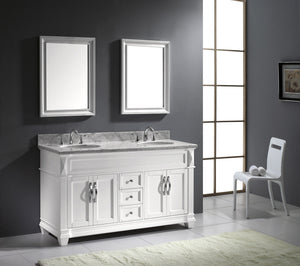 Virtu USA Victoria 60" Double Bath Vanity with White Marble Top and Round Sinks with Brushed Nickel Faucets with Matching Mirror
