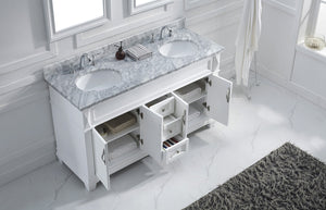 Virtu USA Victoria 60" Double Bath Vanity with White Marble Top and Round Sinks with Polished Chrome Faucets with Matching Mirror