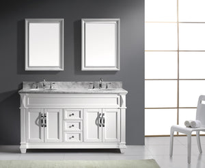 Virtu USA Victoria 60" Double Bath Vanity with White Marble Top and Round Sinks with Polished Chrome Faucets with Matching Mirror