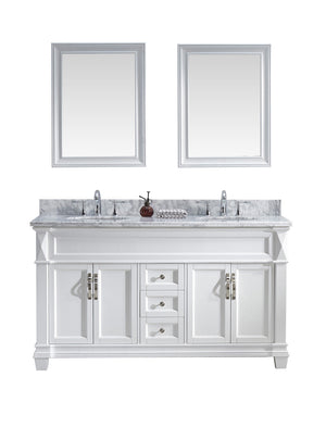 Virtu USA Victoria 60" Double Bath Vanity with White Marble Top and Round Sinks with Polished Chrome Faucets with Matching Mirror
