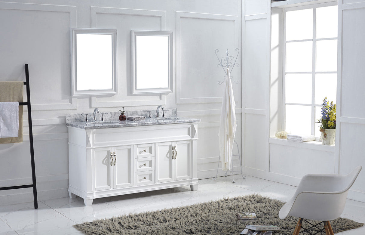 Virtu USA Victoria 60" Double Bath Vanity with White Marble Top and Round Sinks with Matching Mirror