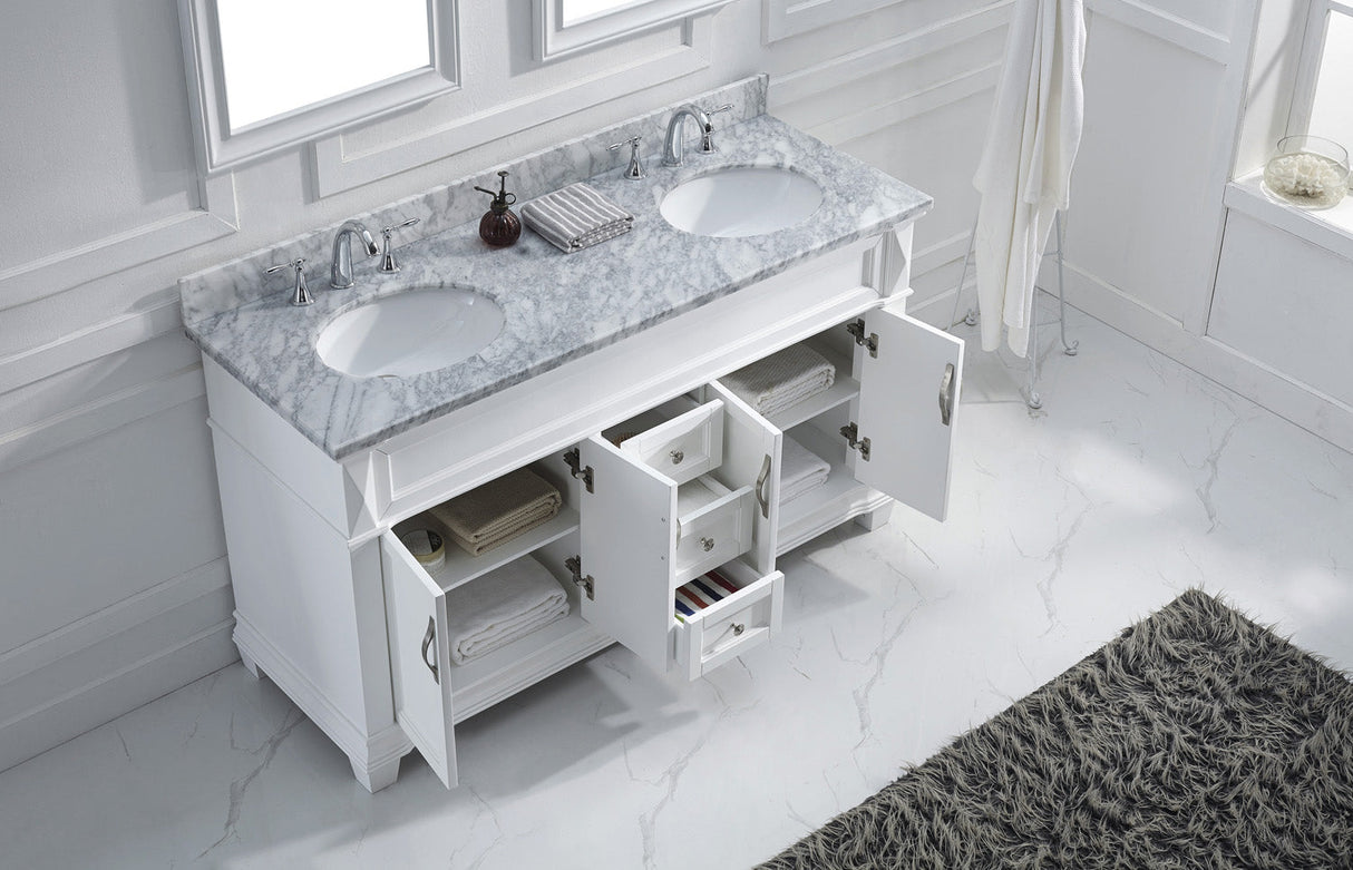 Virtu USA Victoria 60" Double Bath Vanity with White Marble Top and Round Sinks with Matching Mirror