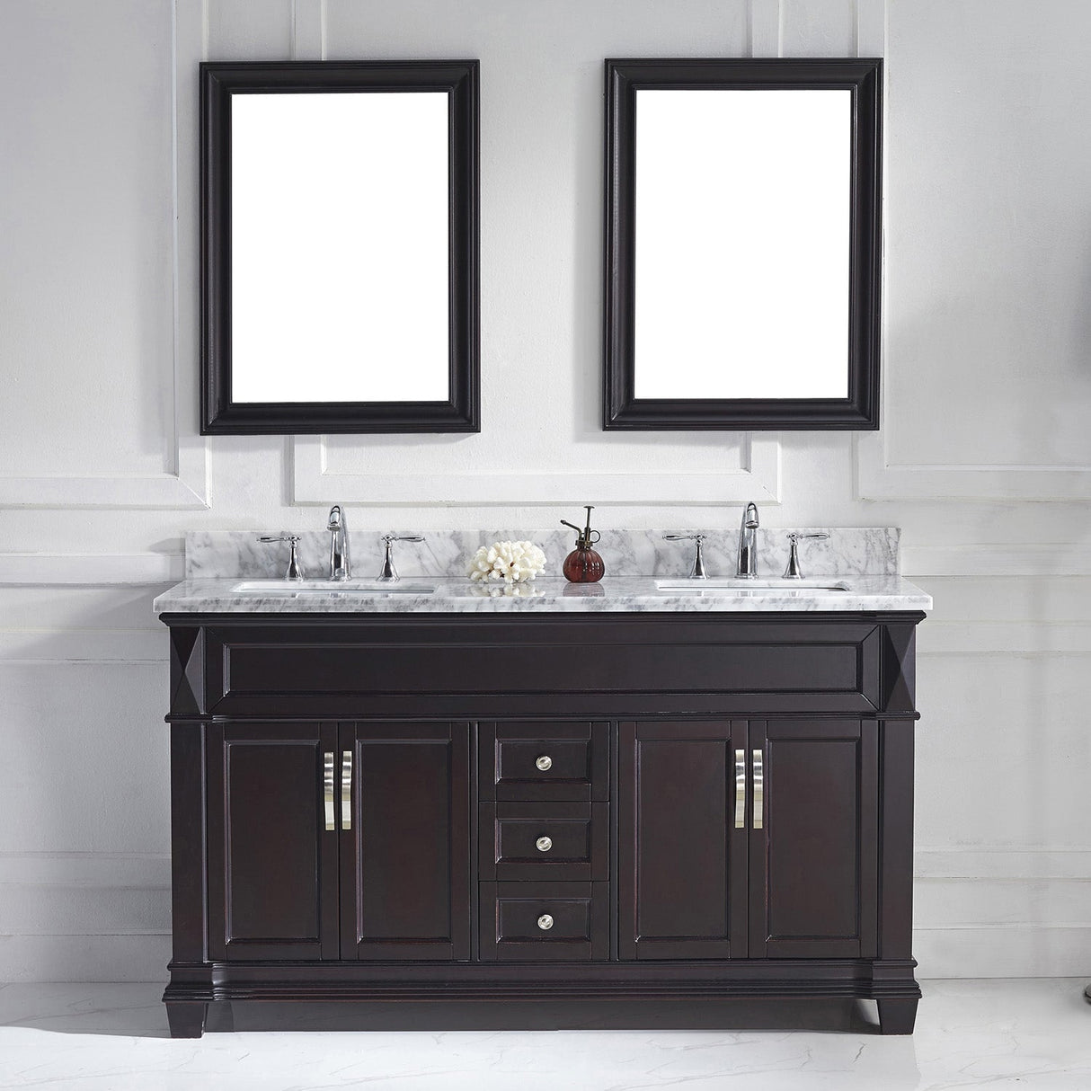 Virtu USA Victoria 60" Double Bath Vanity with White Marble Top and Square Sinks with Brushed Nickel Faucets with Matching Mirror