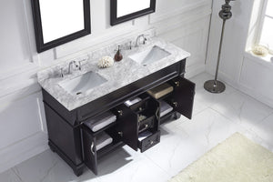 Virtu USA Victoria 60" Double Bath Vanity with White Marble Top and Square Sinks with Brushed Nickel Faucets with Matching Mirror