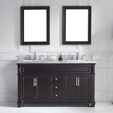 Virtu USA Victoria 60" Double Bath Vanity with White Marble Top and Square Sinks with Polished Chrome Faucets with Matching Mirror