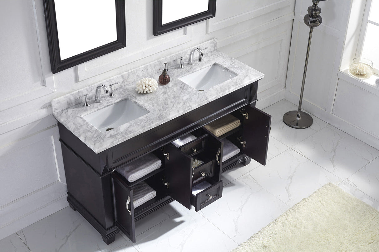 Virtu USA Victoria 60" Double Bath Vanity with White Marble Top and Square Sinks with Polished Chrome Faucets with Matching Mirror