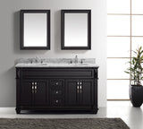 Virtu USA Victoria 60" Double Bath Vanity with White Marble Top and Square Sinks with Polished Chrome Faucets with Matching Mirror