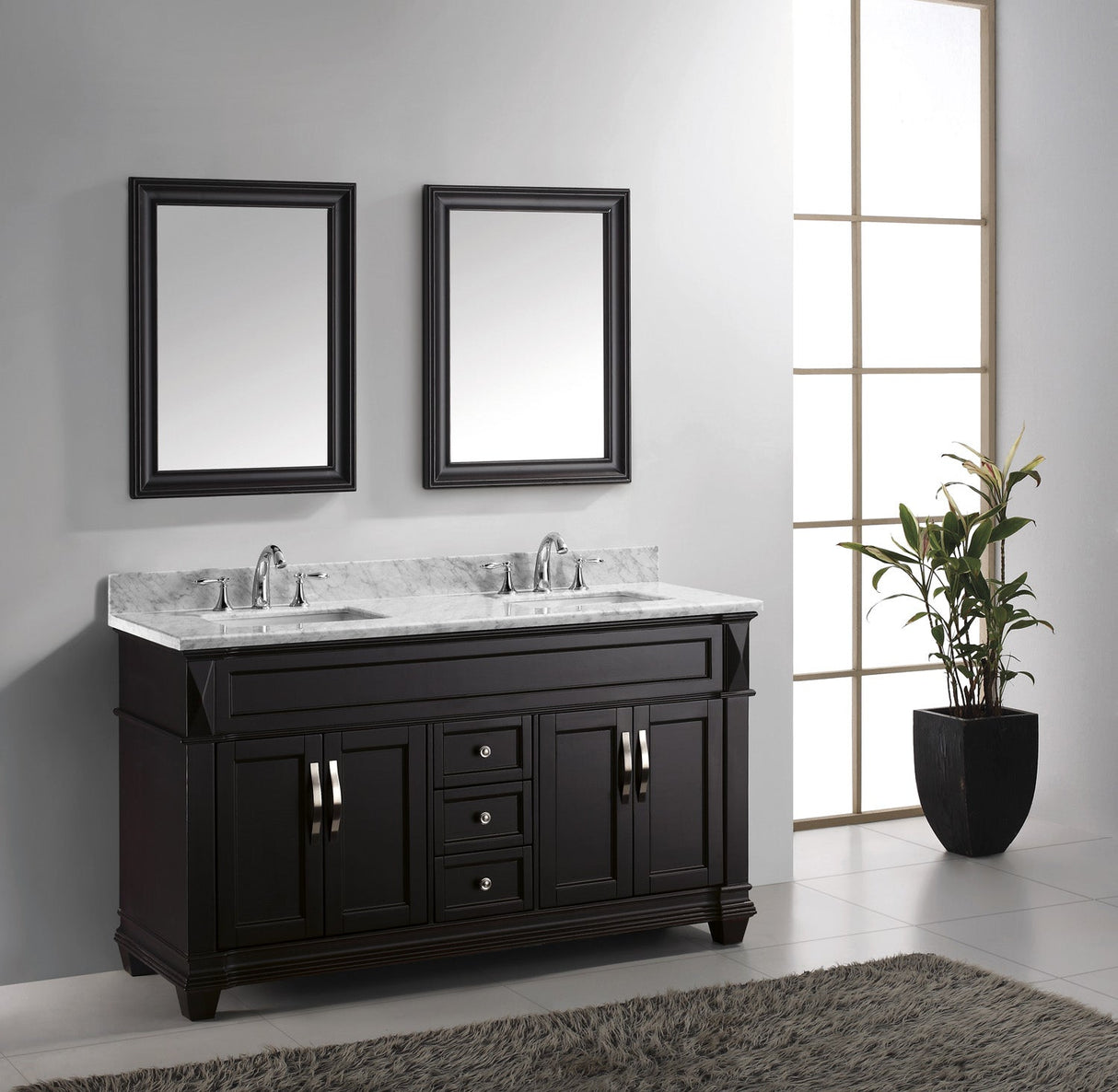 Virtu USA Victoria 60" Double Bath Vanity with White Marble Top and Square Sinks with Polished Chrome Faucets with Matching Mirror