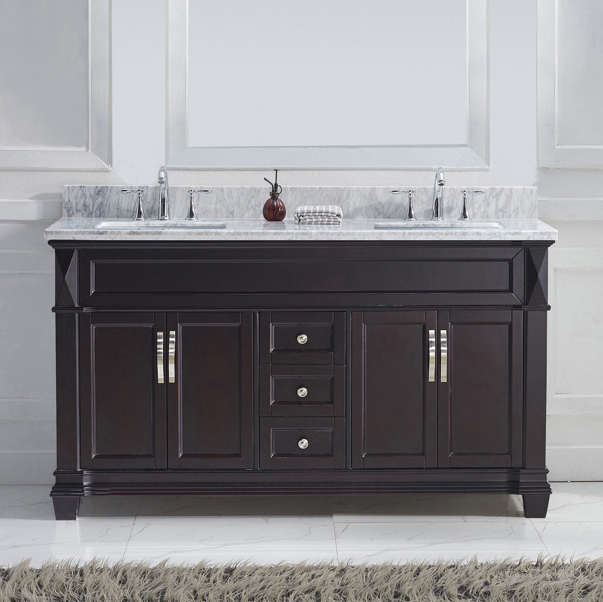 Virtu USA Victoria 60" Double Bath Vanity with White Marble Top and Square Sinks