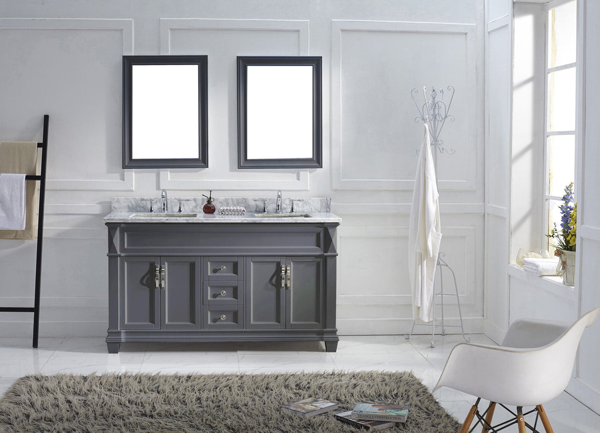 Virtu USA Victoria 60" Double Bath Vanity with White Marble Top and Square Sinks with Brushed Nickel Faucets with Matching Mirror