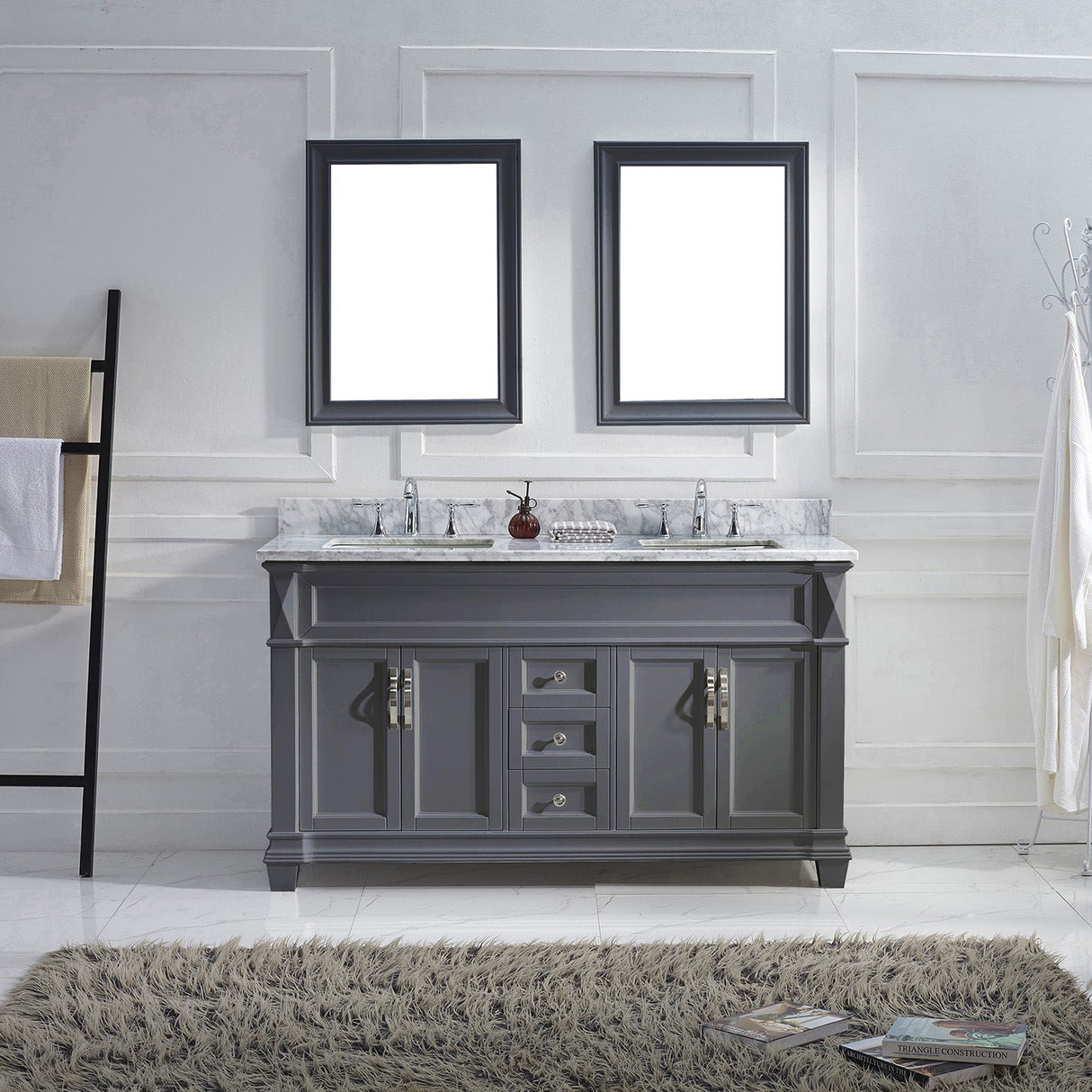 Virtu USA Victoria 60" Double Bath Vanity with White Marble Top and Square Sinks with Polished Chrome Faucets with Matching Mirror