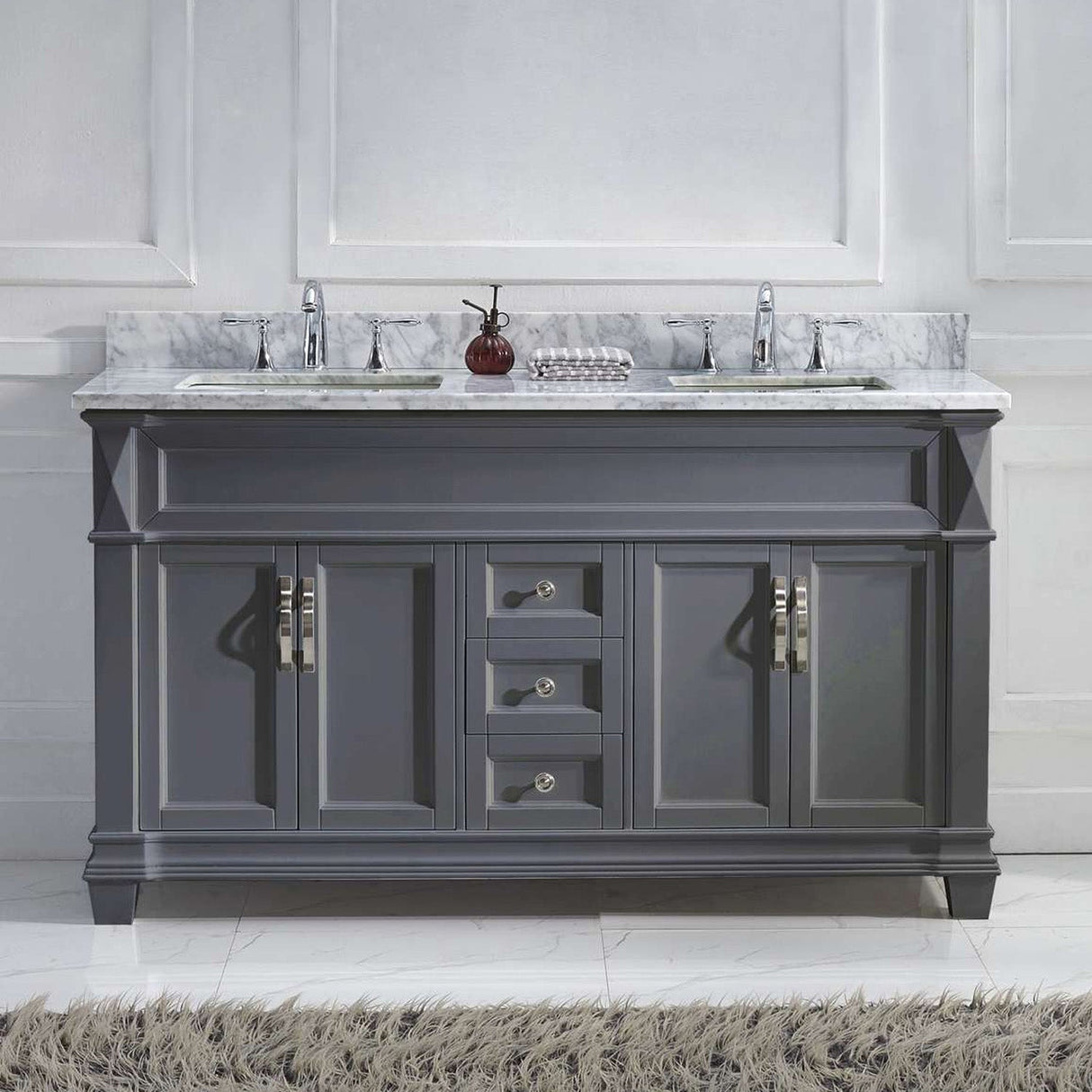 Virtu USA Victoria 60" Double Bath Vanity with White Marble Top and Square Sinks