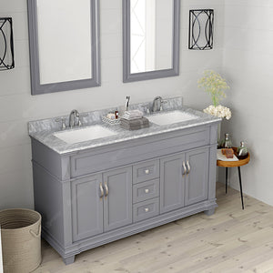Virtu USA Victoria 60" Double Bath Vanity with White Marble Top and Square Sinks with Polished Chrome Faucets with Matching Mirror