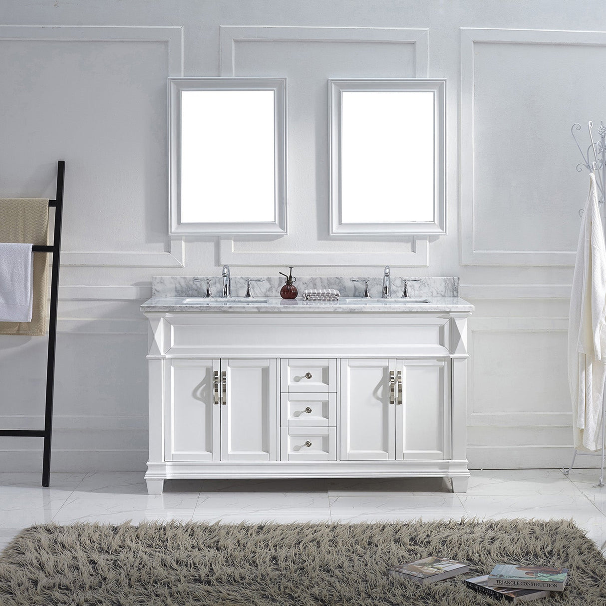 Virtu USA Victoria 60" Double Bath Vanity with White Marble Top and Square Sinks with Polished Chrome Faucets with Matching Mirror