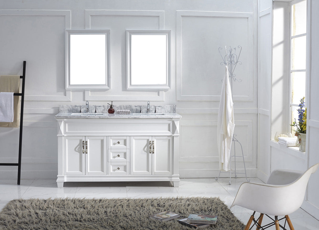 Virtu USA Victoria 60" Double Bath Vanity with White Marble Top and Square Sinks with Polished Chrome Faucets with Matching Mirror