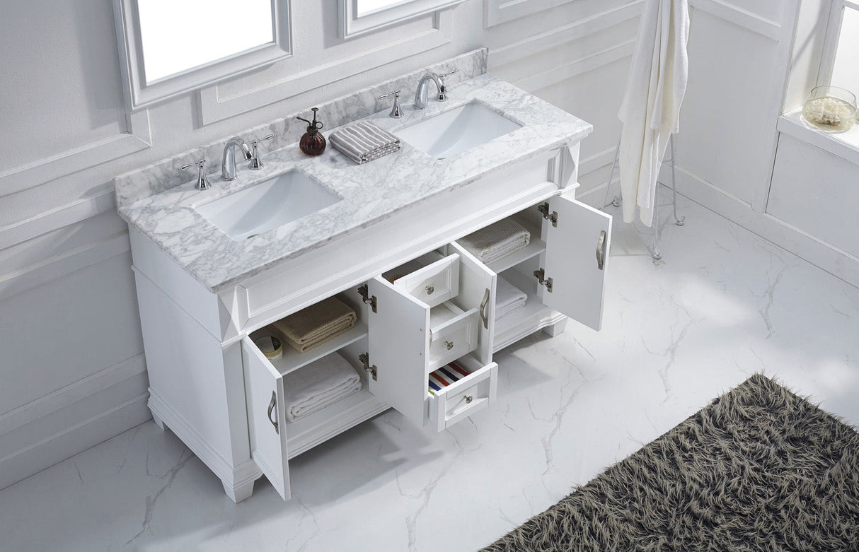 Virtu USA Victoria 60" Double Bath Vanity with White Marble Top and Square Sinks with Polished Chrome Faucets with Matching Mirror