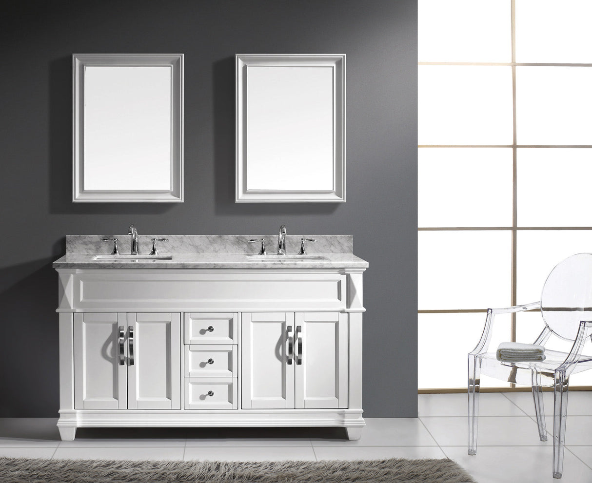 Virtu USA Victoria 60" Double Bath Vanity with White Marble Top and Square Sinks with Polished Chrome Faucets with Matching Mirror