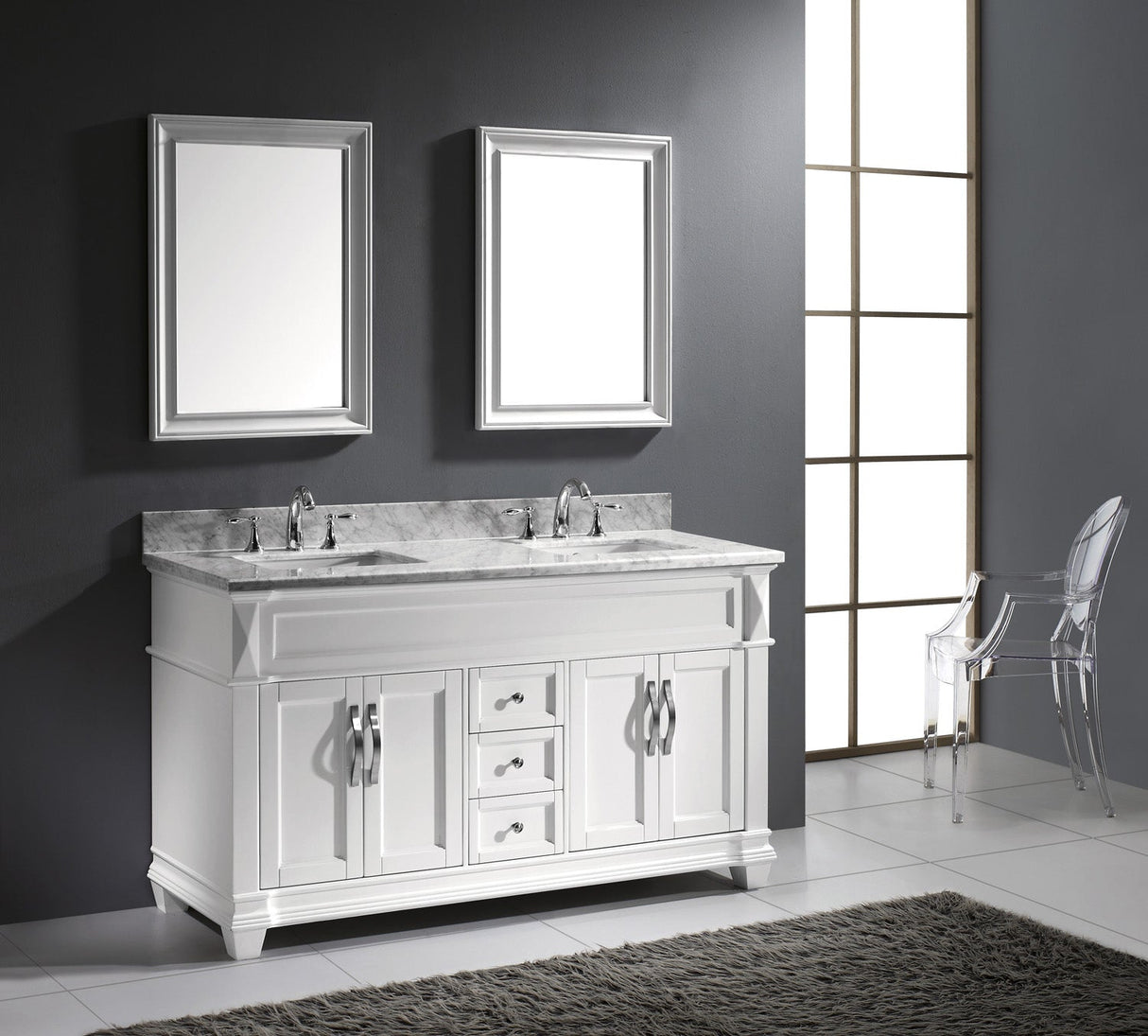 Virtu USA Victoria 60" Double Bath Vanity with White Marble Top and Square Sinks with Polished Chrome Faucets with Matching Mirror