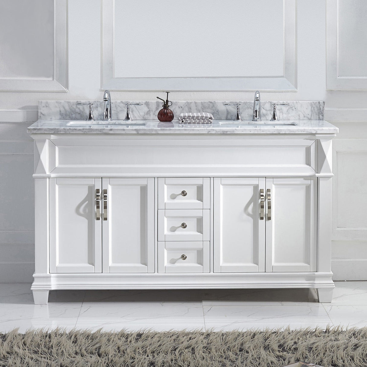 Virtu USA Victoria 60" Double Bath Vanity with White Marble Top and Square Sinks