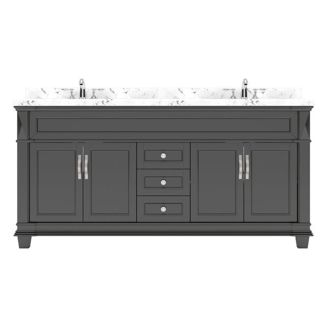 Virtu USA Victoria 72" Double Bath Vanity with Cultured Marble White Quartz Top and Round Sinks with Brushed Nickel Faucets with Matching Mirror