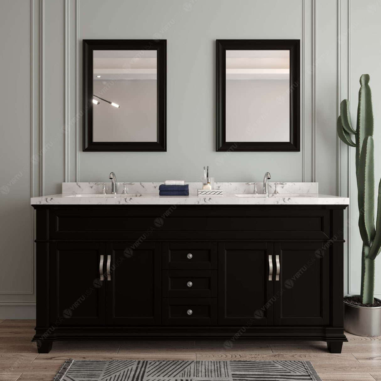 Virtu USA Victoria 72" Double Bath Vanity with Cultured White Quartz Top and Round Sinks with Matching Mirror