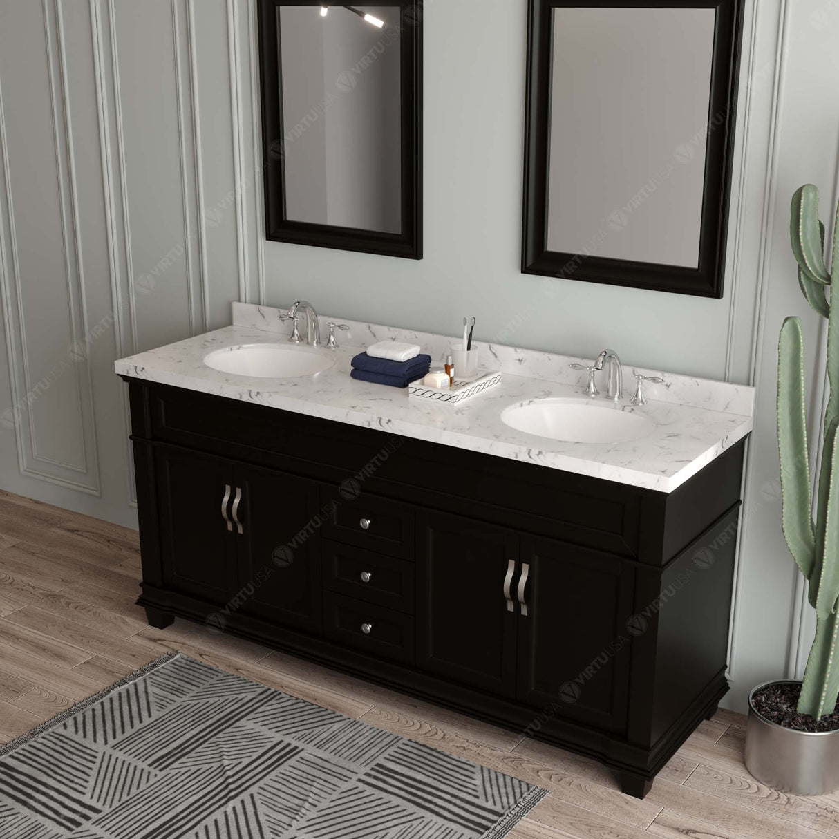 Virtu USA Victoria 72" Double Bath Vanity with Cultured Marble White Quartz Top and Round Sinks with Brushed Nickel Faucets with Matching Mirror