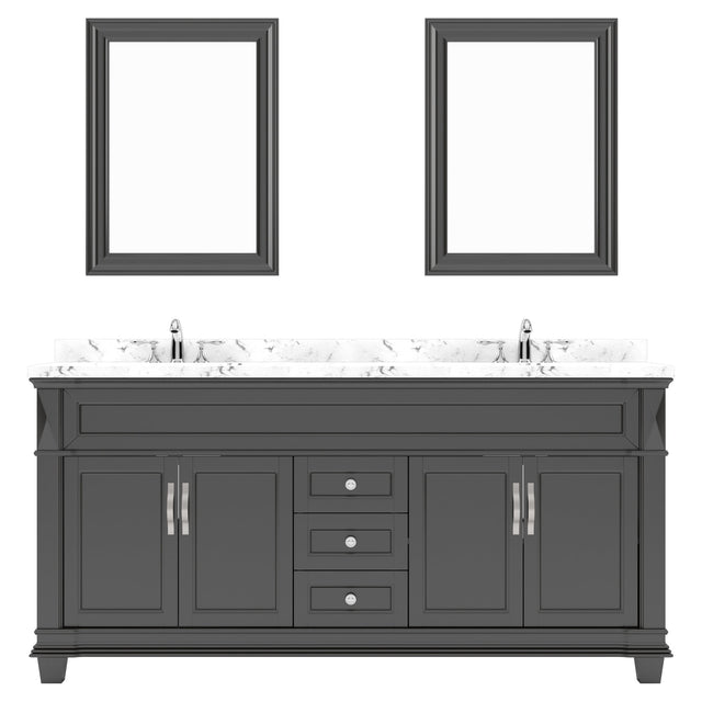 Virtu USA Victoria 72" Double Bath Vanity with Cultured Marble White Quartz Top and Round Sinks with Brushed Nickel Faucets with Matching Mirror - Luxe Bathroom Vanities