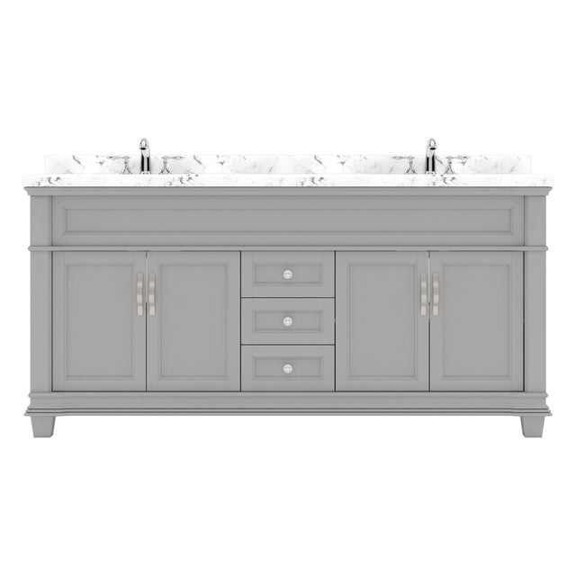 Virtu USA Victoria 72" Double Bath Vanity with Cultured Marble White Quartz Top and Round Sinks with Brushed Nickel Faucets with Matching Mirror
