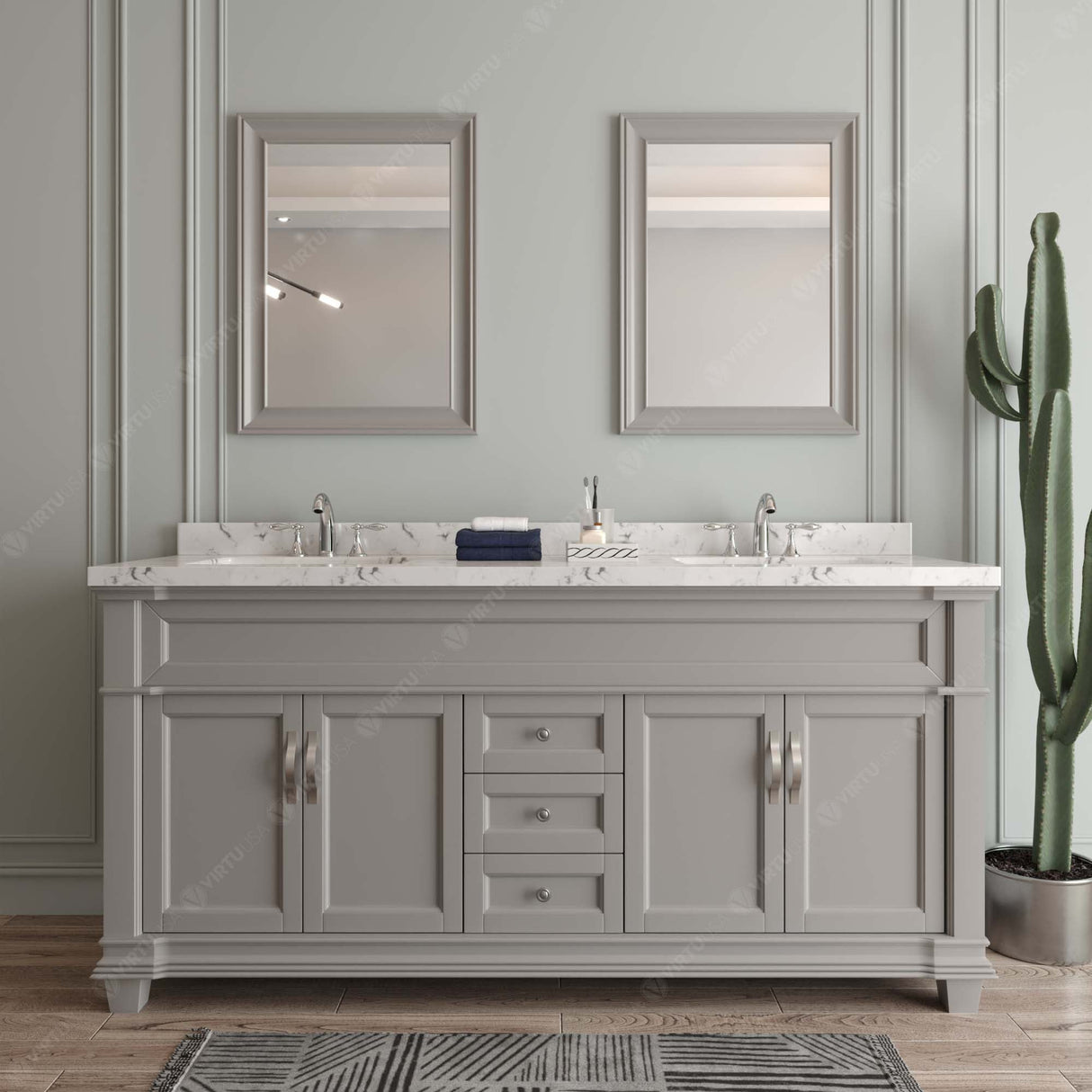 Virtu USA Victoria 72" Double Bath Vanity with Cultured White Quartz Top and Round Sinks with Matching Mirror