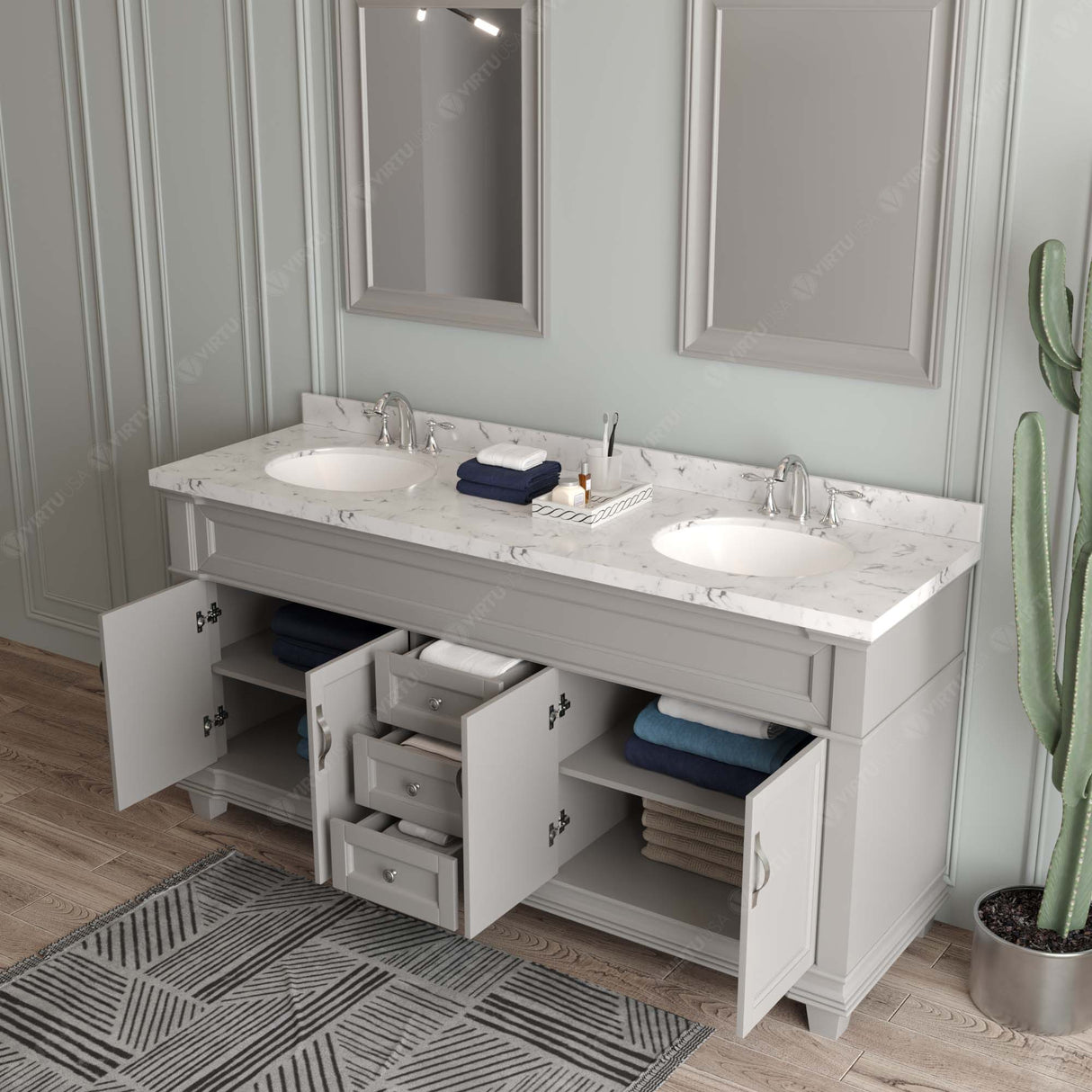 Virtu USA Victoria 72" Double Bath Vanity with Cultured White Quartz Top and Round Sinks with Matching Mirror