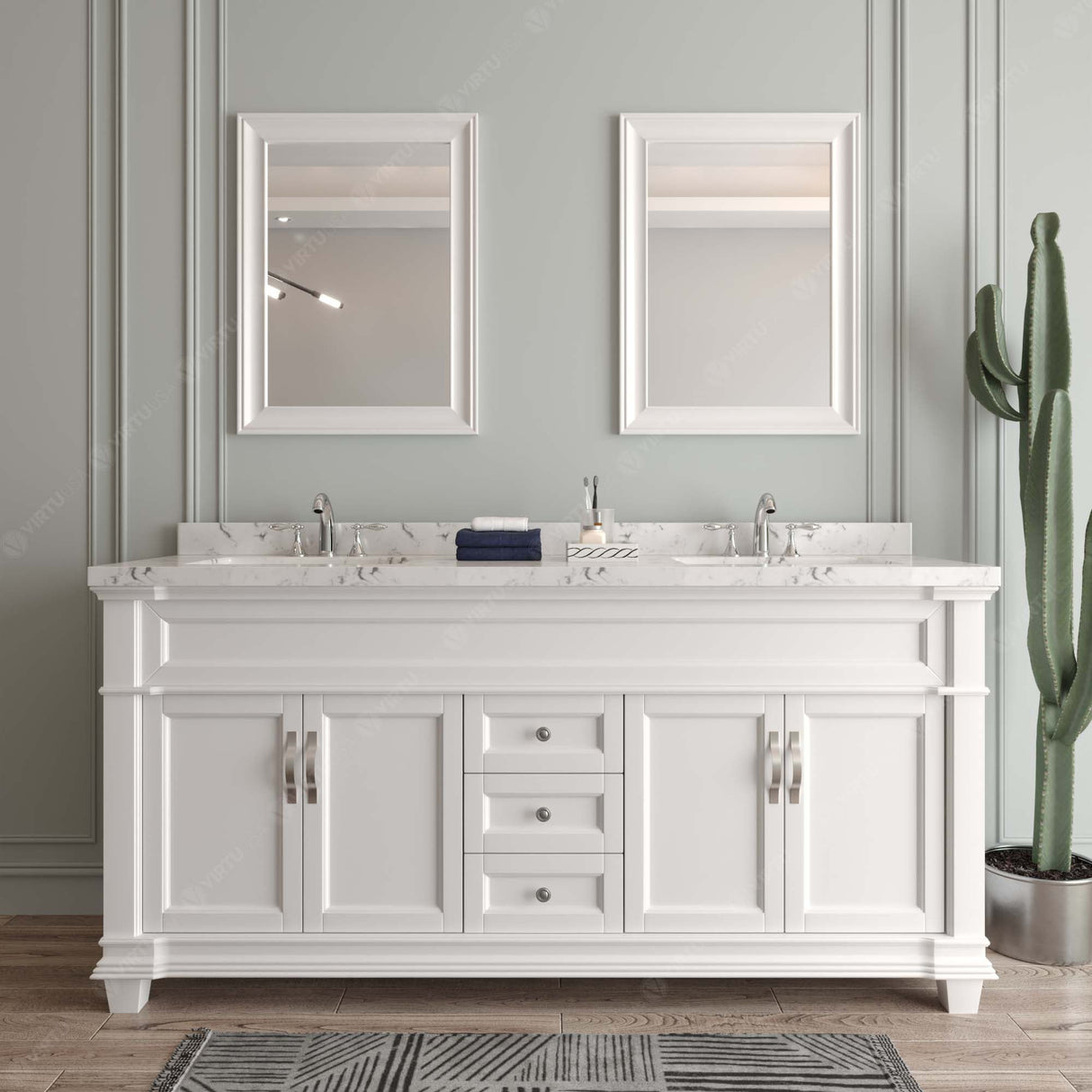 Virtu USA Victoria 72" Double Bath Vanity with Cultured Marble White Quartz Top and Round Sinks with Brushed Nickel Faucets with Matching Mirror