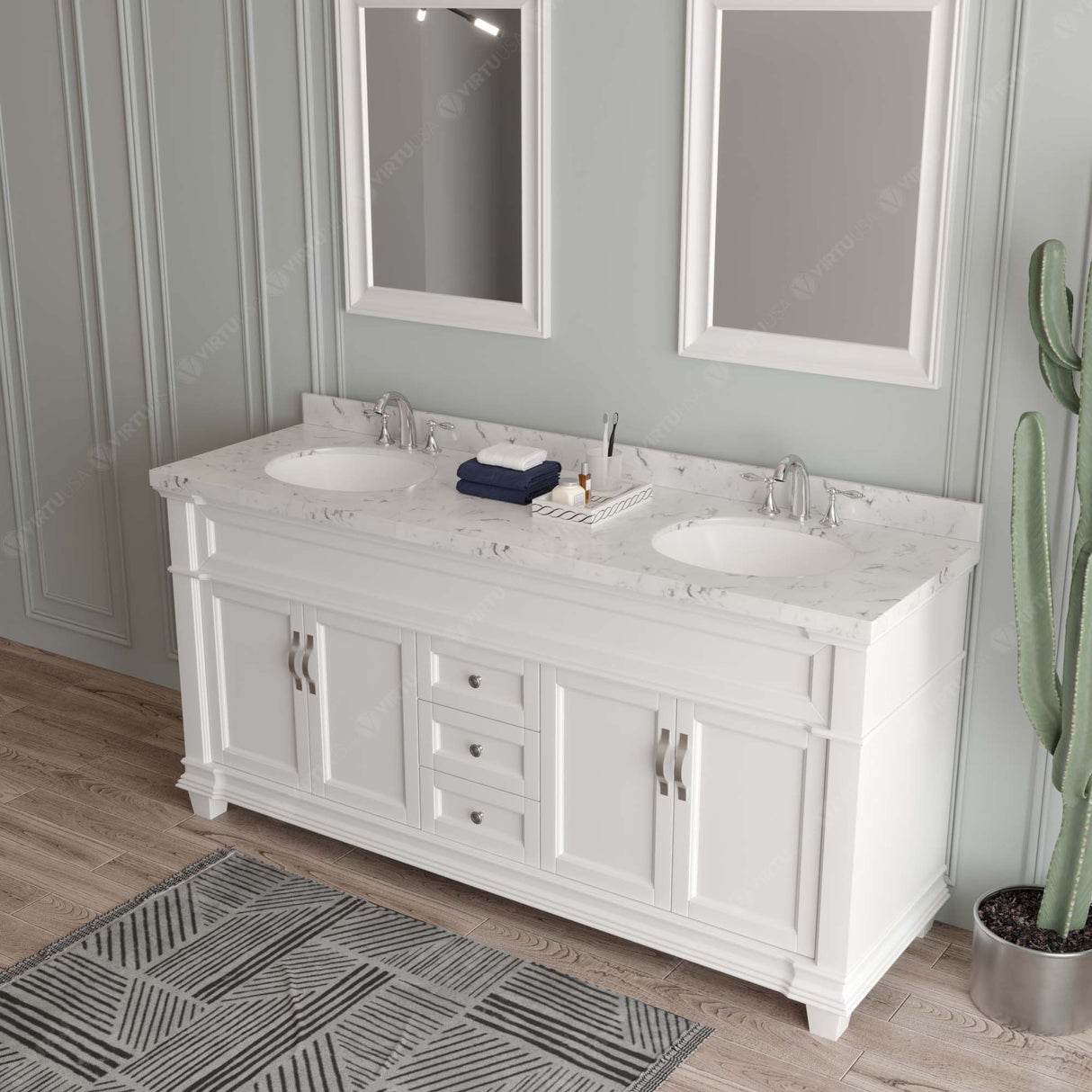 Virtu USA Victoria 72" Double Bath Vanity with White Quartz Top and Round Sinks with Polished Chrome Faucets with Matching Mirror