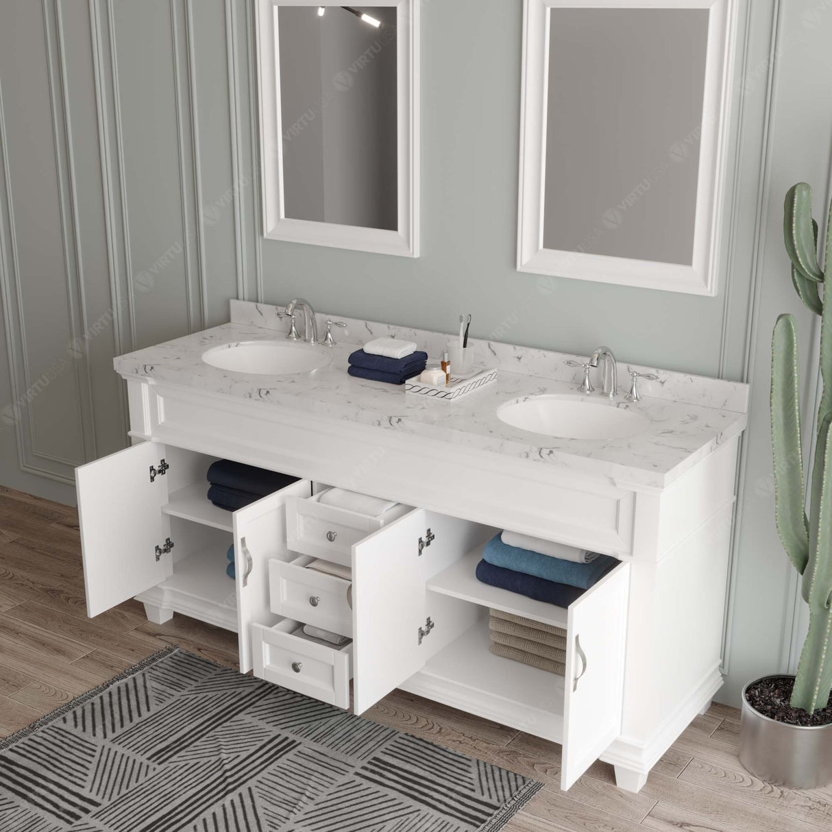 Virtu USA Victoria 72" Double Bath Vanity with Cultured White Quartz Top and Round Sinks with Matching Mirror