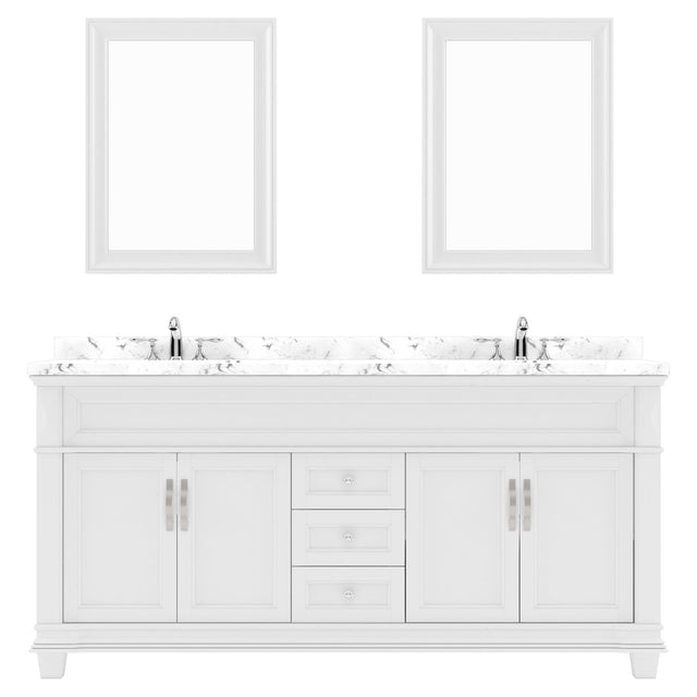 Virtu USA Victoria 72" Double Bath Vanity with Cultured Marble White Quartz Top and Round Sinks with Brushed Nickel Faucets with Matching Mirror - Luxe Bathroom Vanities