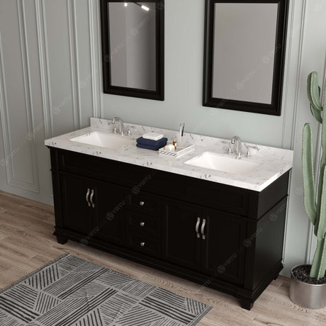 Virtu USA Victoria 72" Double Bath Vanity with Cultured Marble White Top and Square Sinks with Brushed Nickel Faucets with Matching Mirror