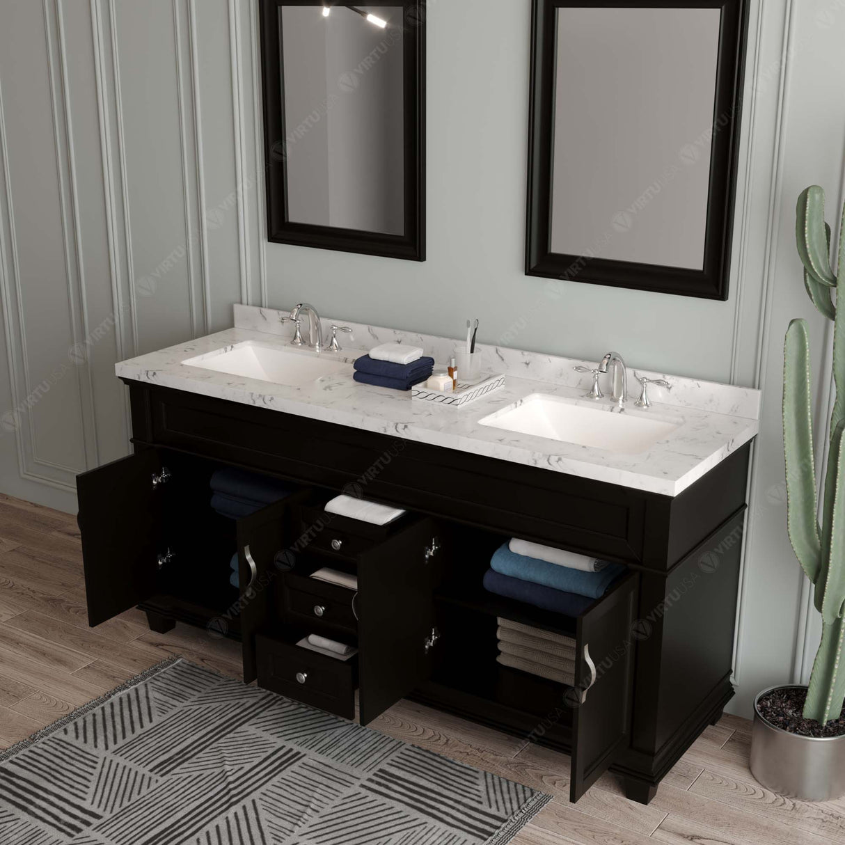 Virtu USA Victoria 72" Double Bath Vanity with Cultured Marble White Top and Square Sinks with Polished Chrome Faucets with Matching Mirror