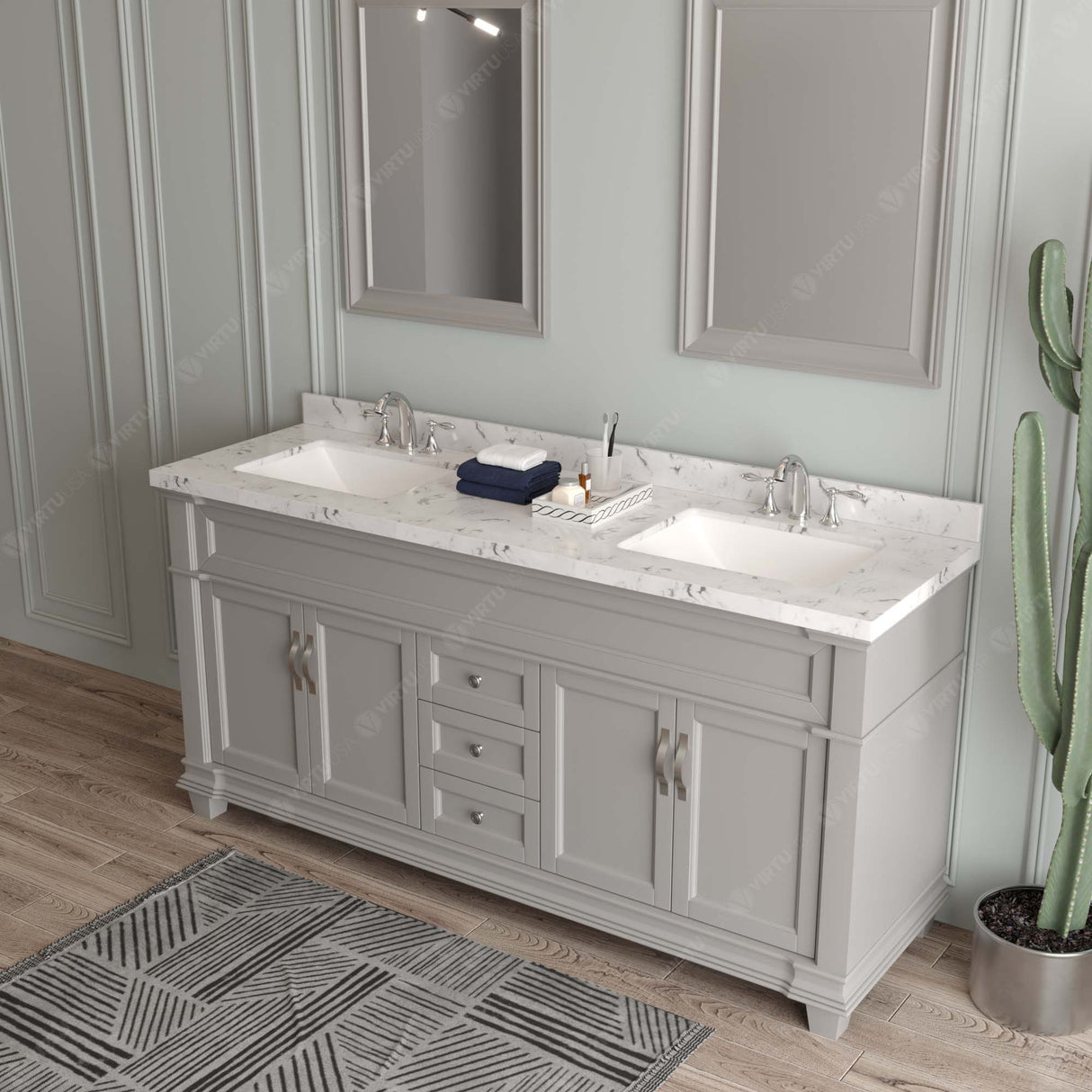 Virtu USA Victoria 72" Double Bath Vanity with Cultured Marble White Top and Square Sinks with Polished Chrome Faucets with Matching Mirror