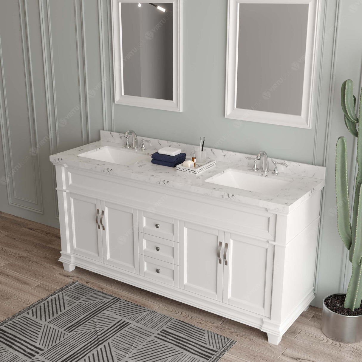 Virtu USA Victoria 72" Double Bath Vanity with Cultured Marble White Top and Square Sinks with Brushed Nickel Faucets with Matching Mirror