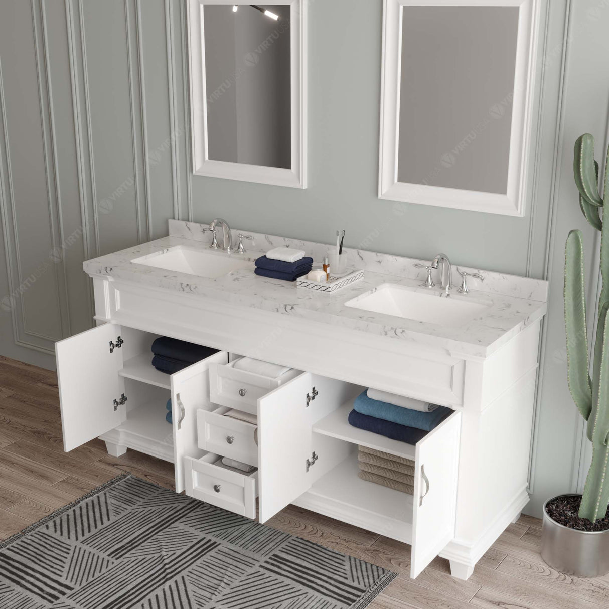 Virtu USA Victoria 72" Double Bath Vanity with Cultured Marble White Top and Square Sinks with Polished Chrome Faucets with Matching Mirror