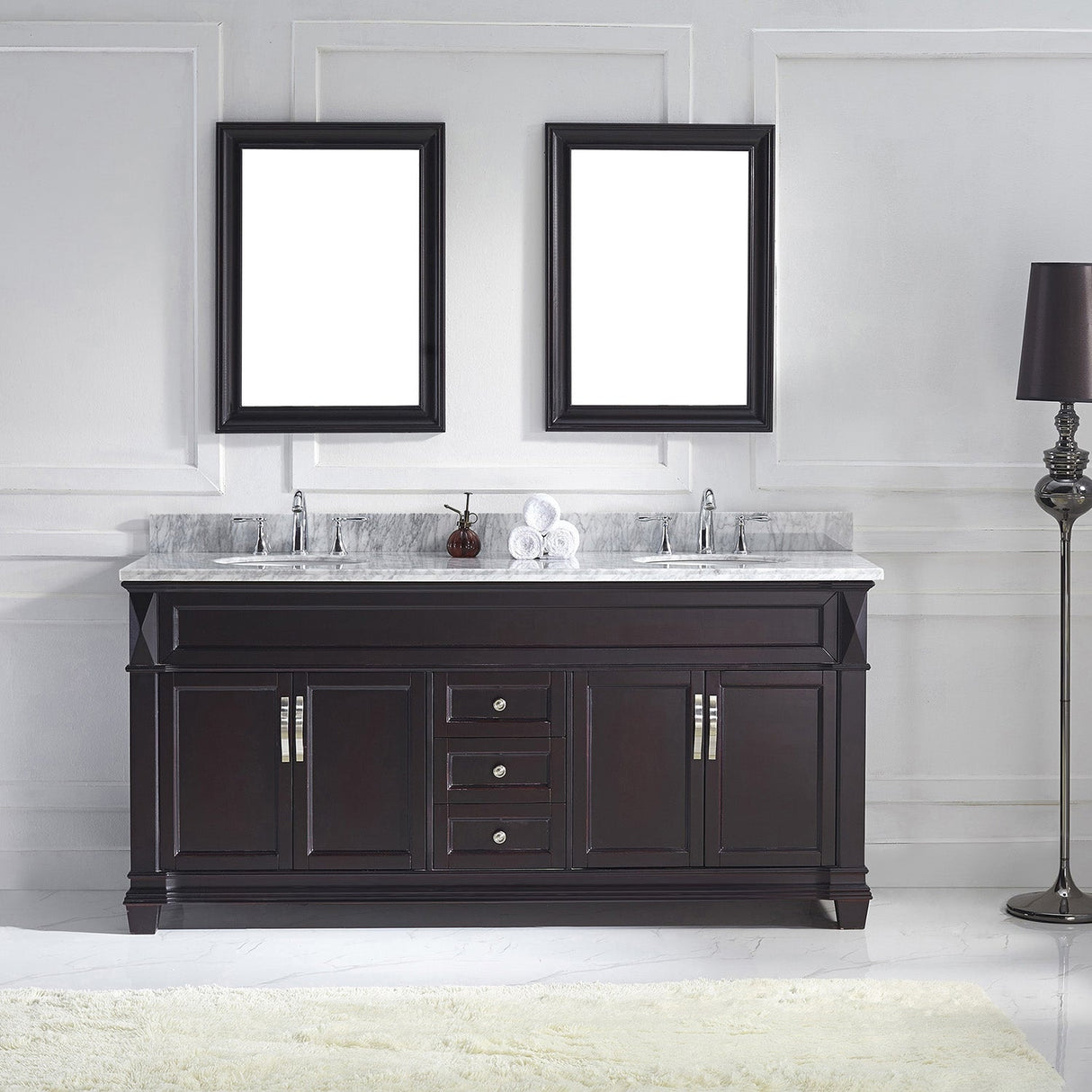 Virtu USA Victoria 72" Double Bath Vanity with White Marble Top and Round Sinks with Polished Chrome Faucets with Matching Mirror