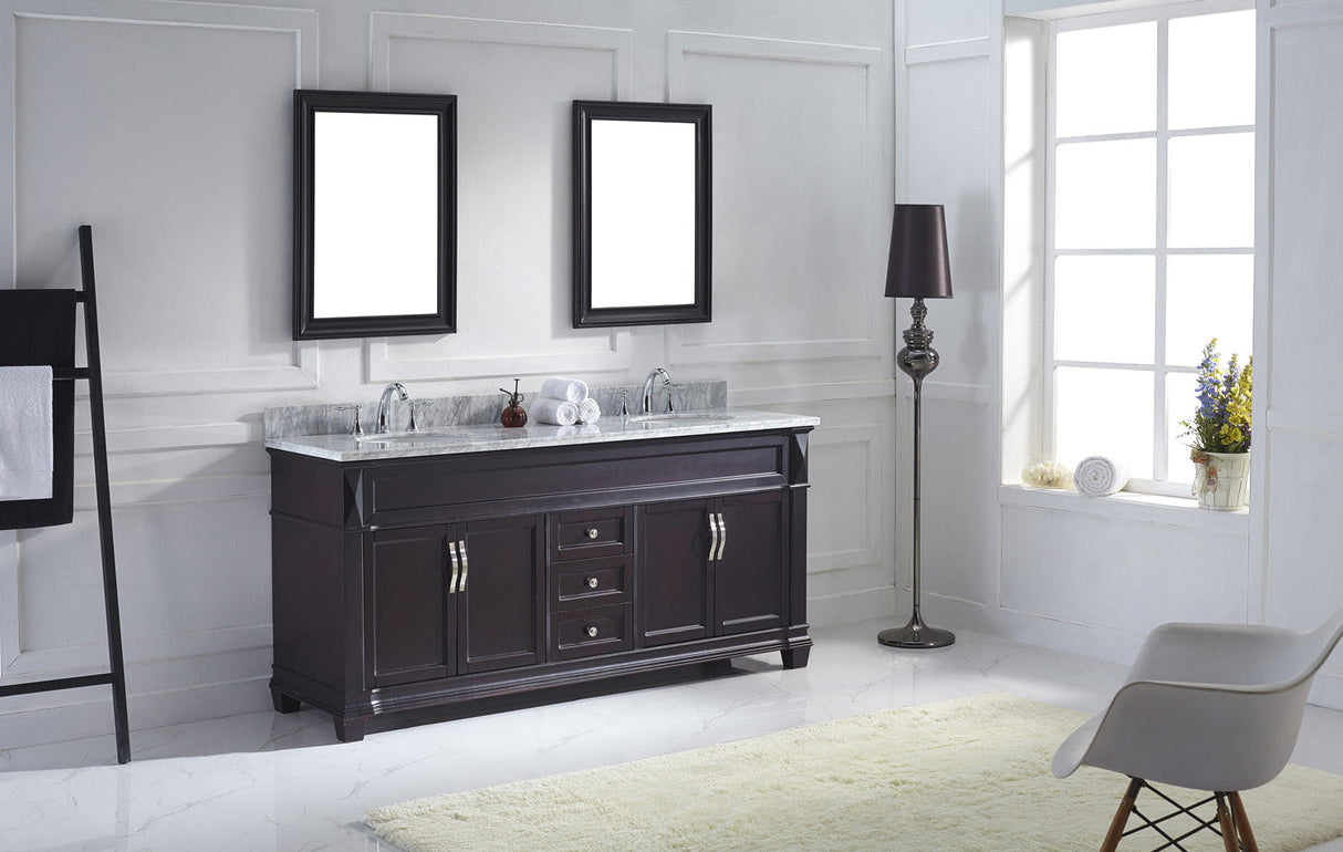 Virtu USA Victoria 72" Double Bath Vanity with White Marble Top and Round Sinks with Polished Chrome Faucets with Matching Mirror