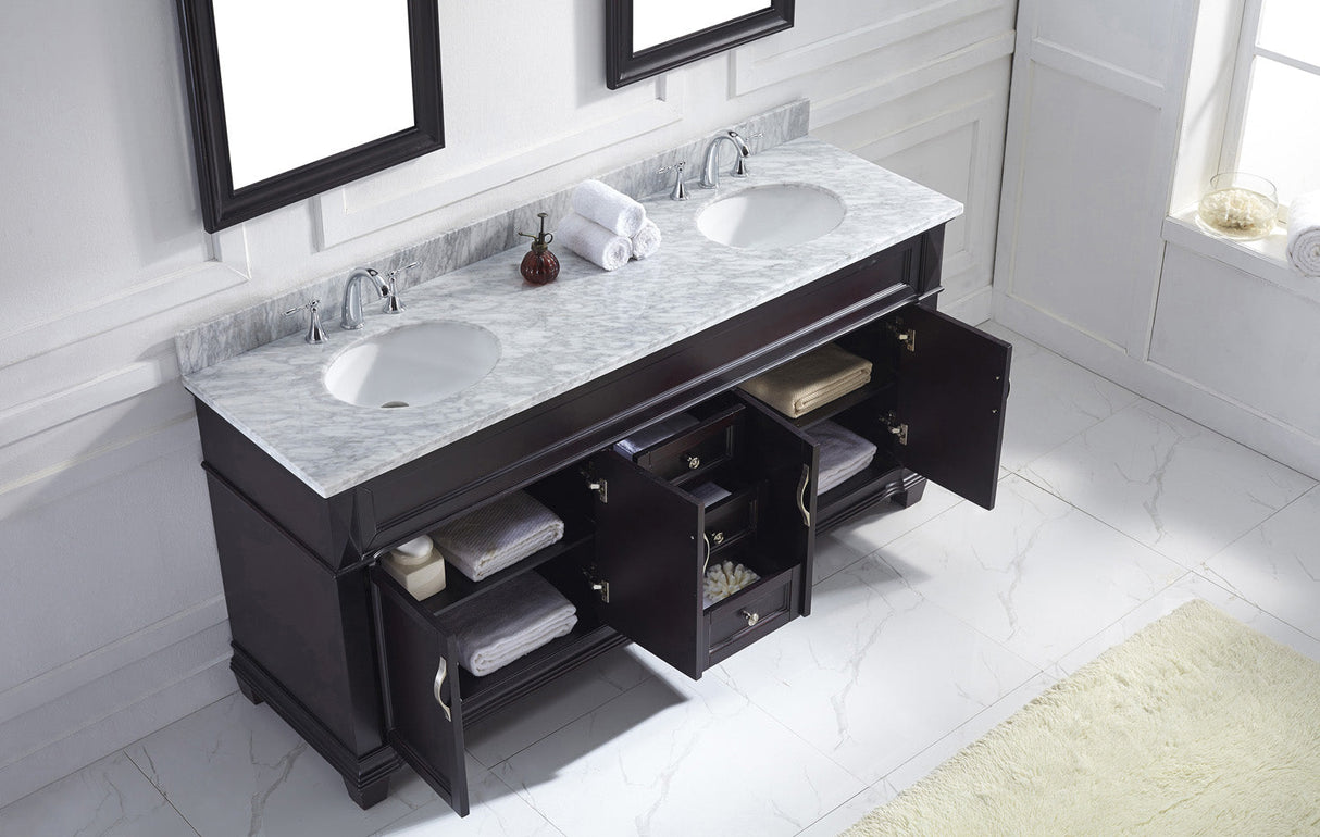 Virtu USA Victoria 72" Double Bath Vanity with White Marble Top and Round Sinks with Polished Chrome Faucets with Matching Mirror