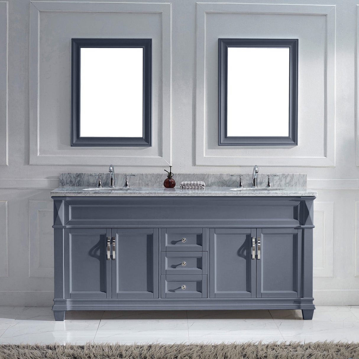 Virtu USA Victoria 72" Double Bath Vanity with White Marble Top and Round Sinks with Brushed Nickel Faucets with Matching Mirror