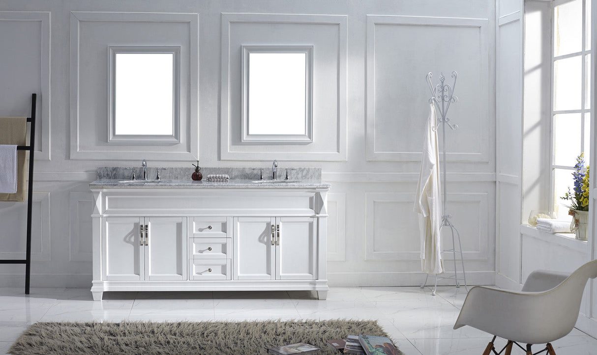 Virtu USA Victoria 72" Double Bath Vanity with White Marble Top and Round Sinks with Brushed Nickel Faucets with Matching Mirror