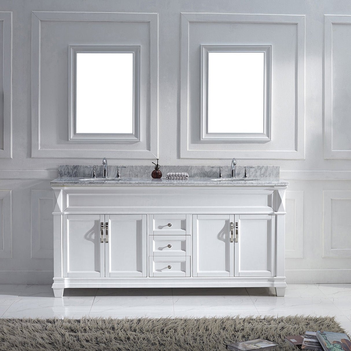 Virtu USA Victoria 72" Double Bath Vanity with White Marble Top and Round Sinks with Polished Chrome Faucets with Matching Mirror