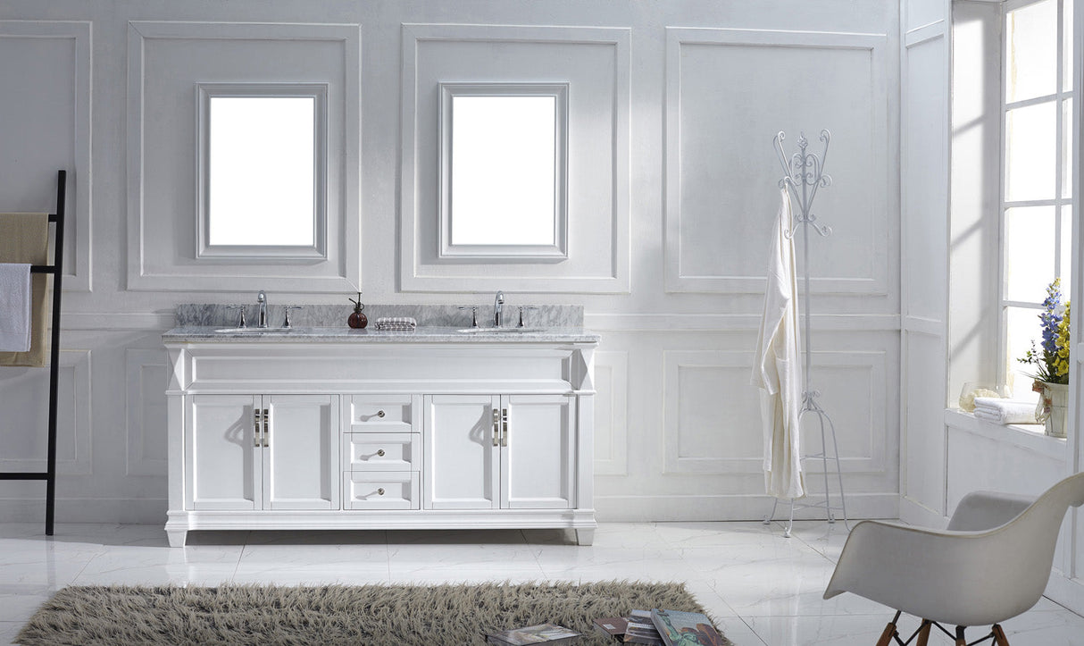 Virtu USA Victoria 72" Double Bath Vanity with White Marble Top and Round Sinks with Polished Chrome Faucets with Matching Mirror