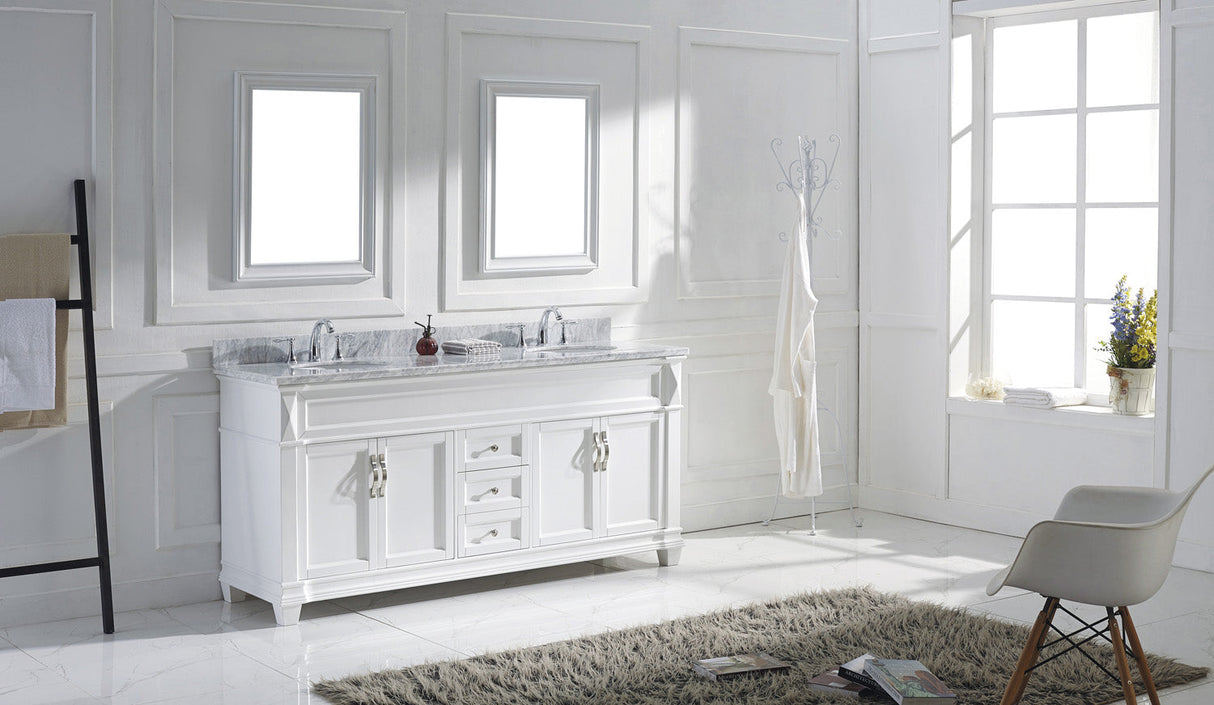 Virtu USA Victoria 72" Double Bath Vanity with White Marble Top and Round Sinks with Polished Chrome Faucets with Matching Mirror